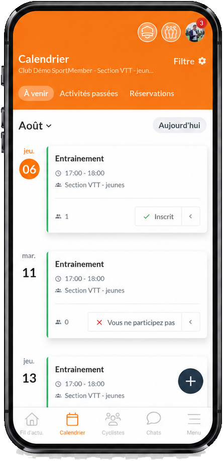 Le calendrier de l'équipe dans l'application SportMember avec les statuts Inscrit et Vous ne participez pas